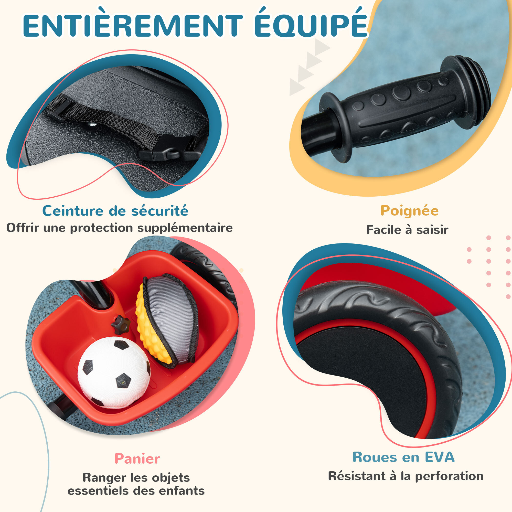 Tricycle pour enfant évolutif avec siège réglable - pédales - 2 paniers - ceinture - pour enfant de 2 à 5 ans - rouge et noir