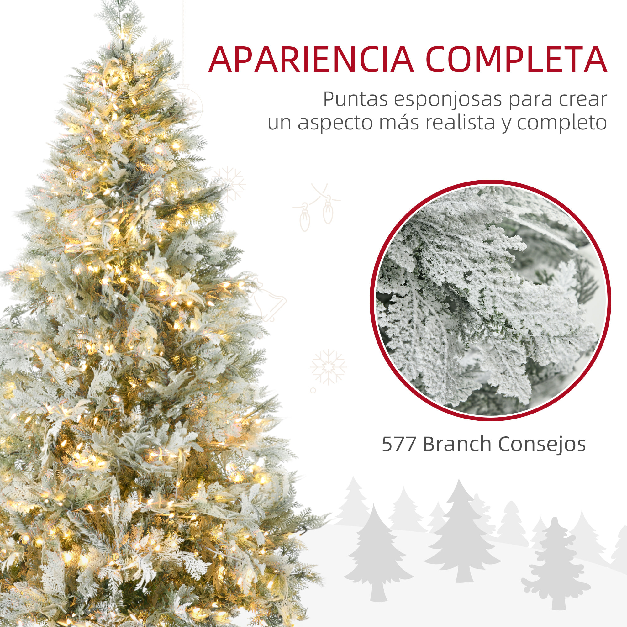 Árbol de Navidad Artificial 180 cm con 300 Luces LED Blancas Cálidas Árbol de Navidad Nevado con 577 Ramas Forma de Ciprés Base Plegable Decoración Navideña