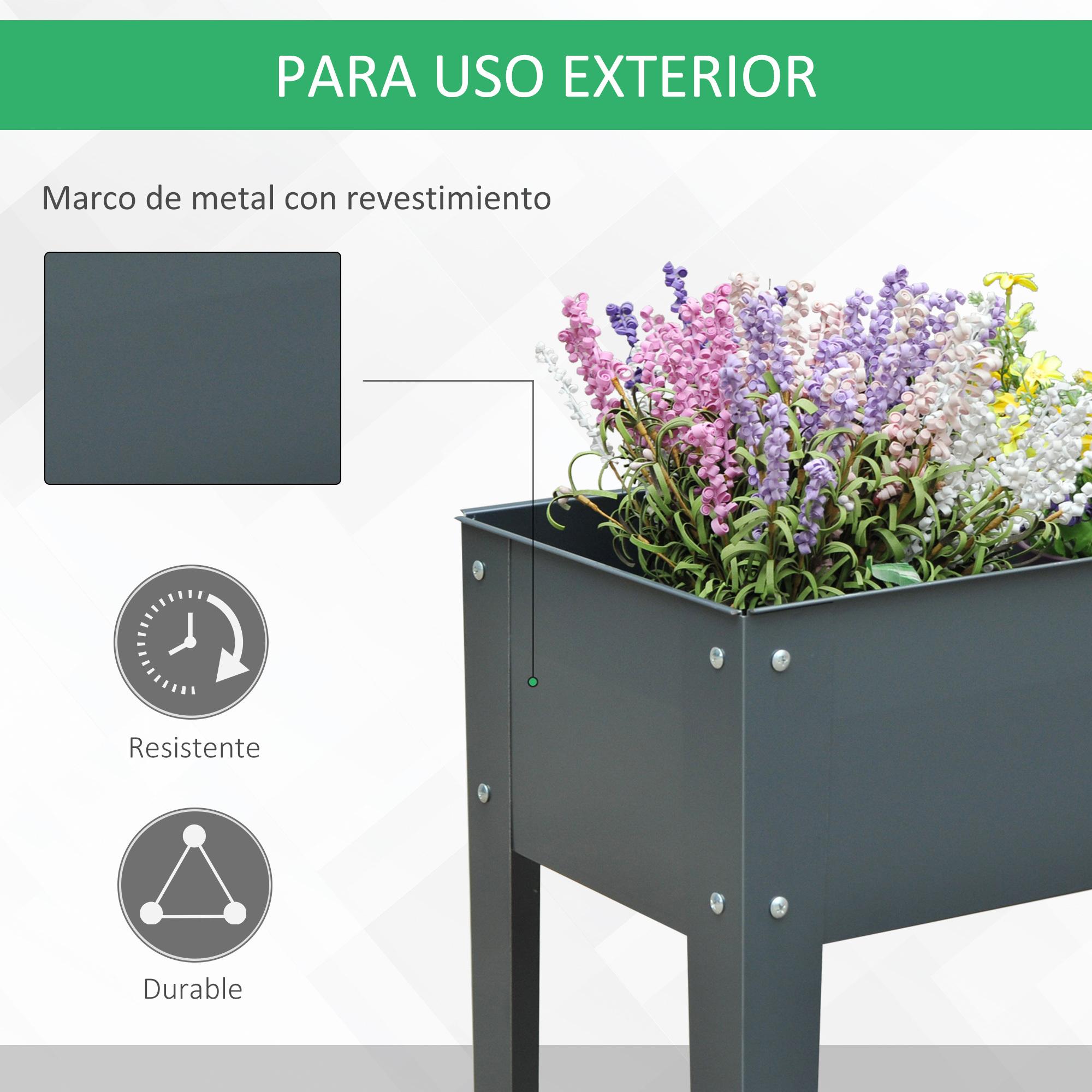 Jardinera Elevada Rectangular con 3 Orificios de Drenaje para Planta Flores Gris