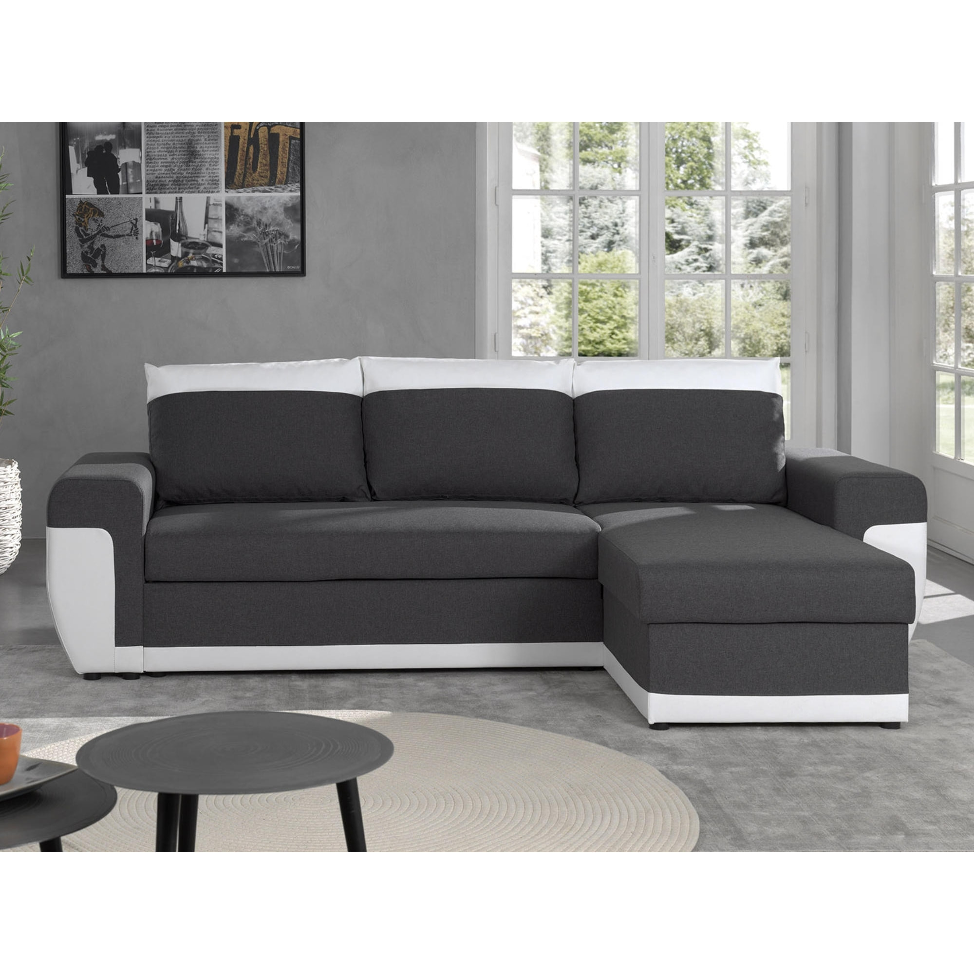 Milan - Canapé d'angle réversible - 4 places - Convertible avec coffre - En simili et tissu - Blanc / Gris