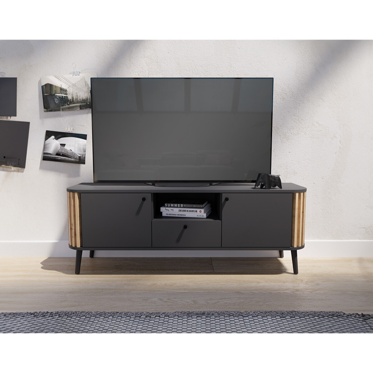 Camberwell - meuble tv - gris et effet bois - 2 portes, 1 tiroir et 1 niche - 138 cm - Bois / Gris