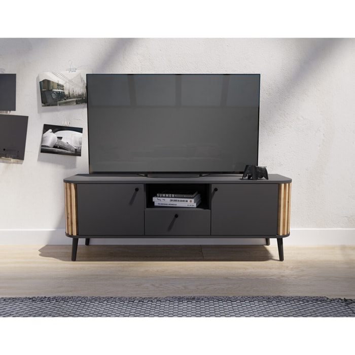 Camberwell - meuble tv - gris et effet bois - 2 portes, 1 tiroir et 1 niche - 138 cm - Bois / Gris