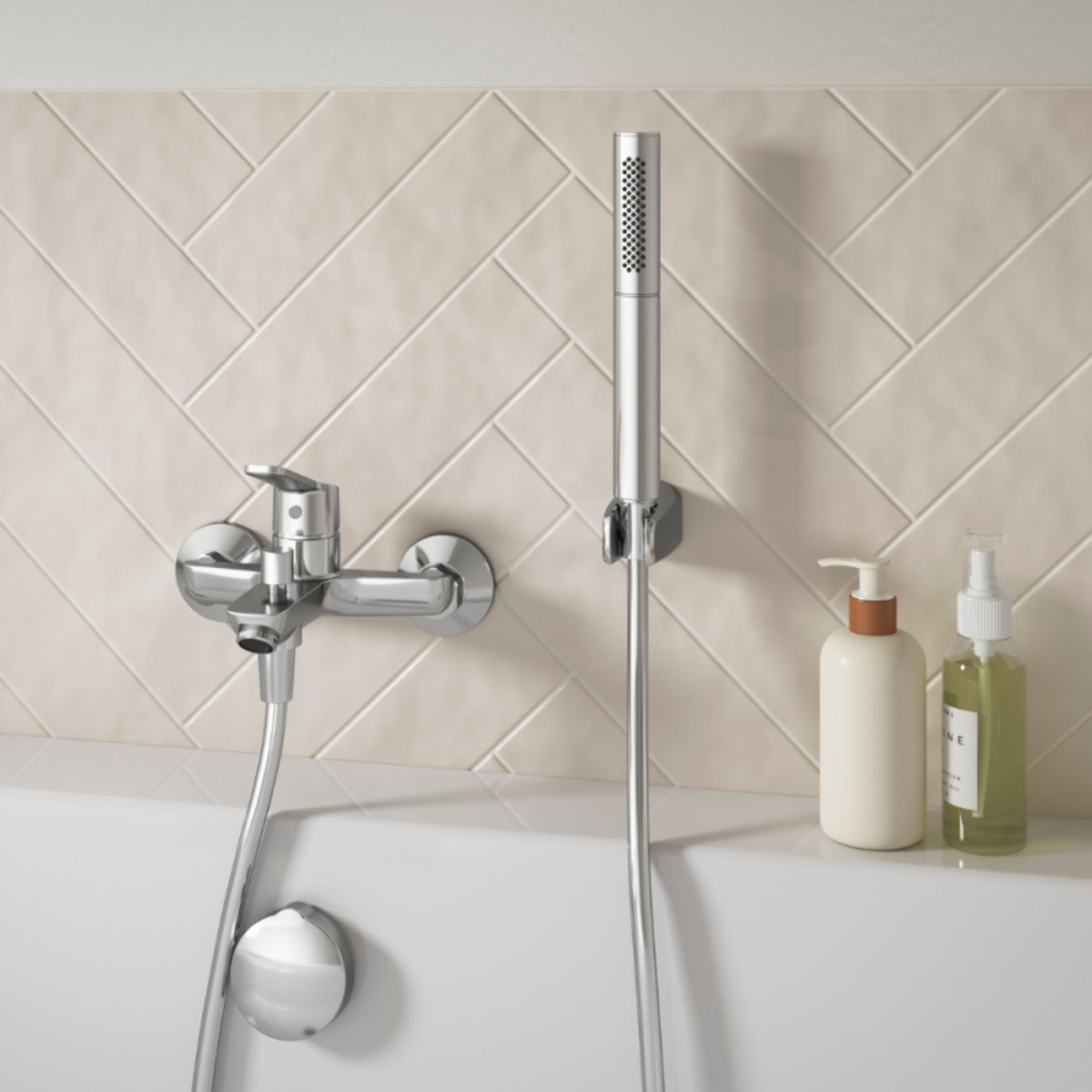 Mitigeur bain-douche Jacob Delafon Aimé chrome + Douchette Shift Ellipse 2 jets + Flexible lisse anti-torsion 1600