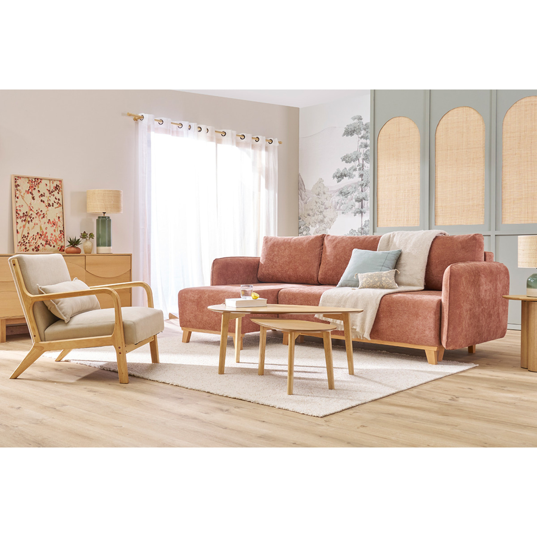 Fauteuil scandinave en tissu effet velours beige et bois clair massif DERRY
