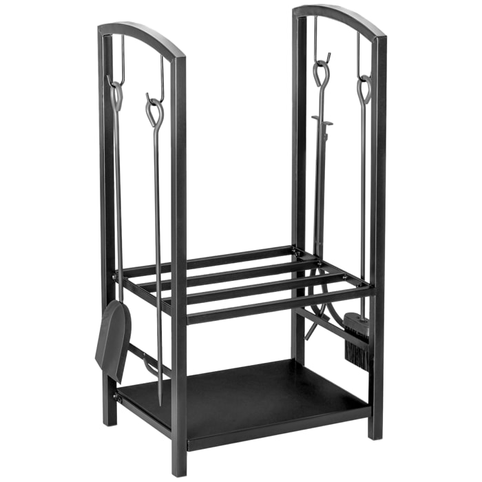 Estante de Leña para chimenea 40x30x74,5 cm Soporte para Leña de 2 Niveles Leñero Exterior e Interior Metálico con 4 Herramientas para Chimenea Carga Máx.100 kg Negro