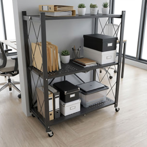 Smithers - Scaffale Carrello Pieghevole Salvaspazio 72x90x33,5 cm 3 Ripiani Richiudibile in Metallo Nero