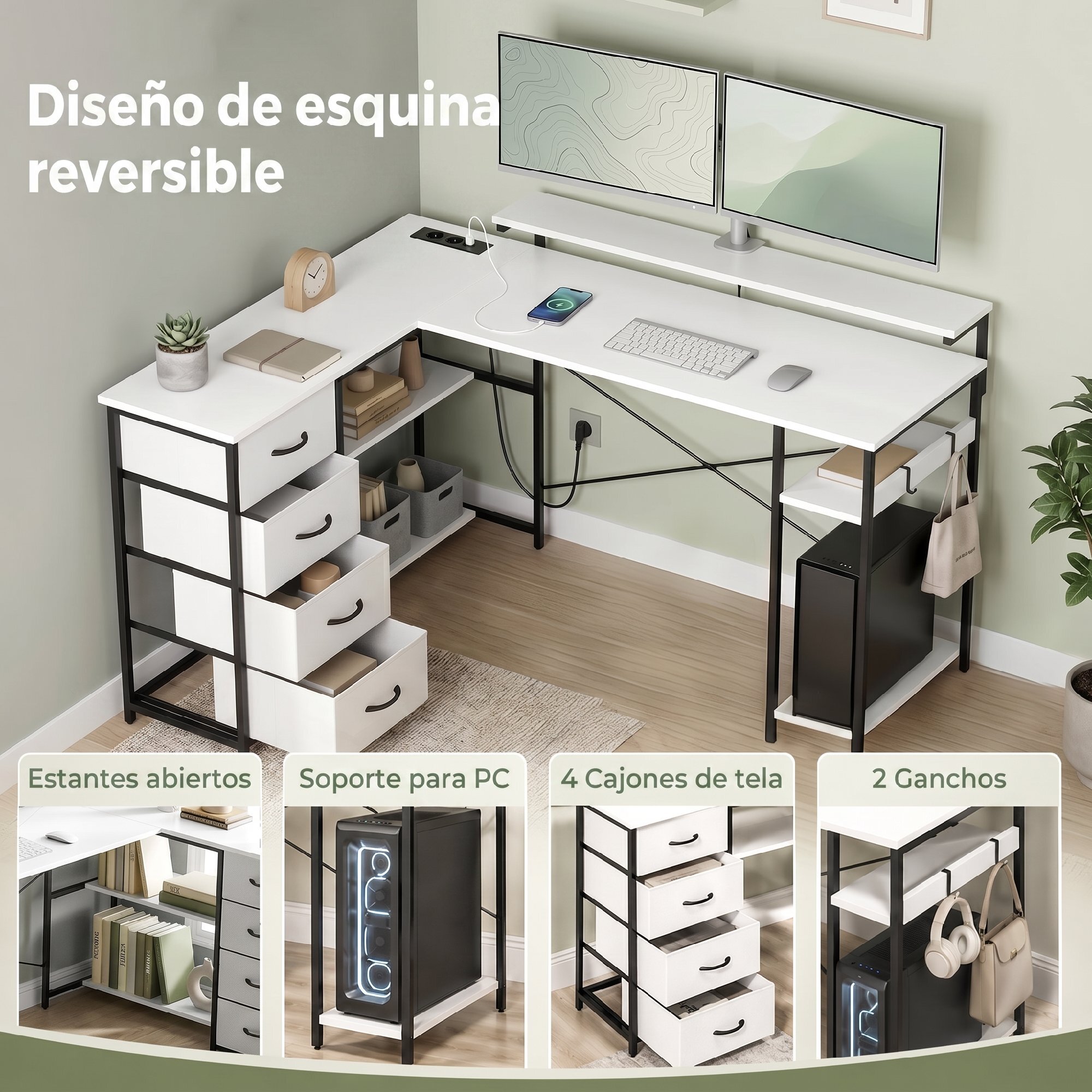 Escritorio Esquinero con 4 Cajones de Tela, 155x112 cm, Escritorio en L Reversible con 2 Enchufes y 2 Puertos USB, Soporte para Monitor, 2 Ganchos, para Oficina en Casa, Estudio, Blanco