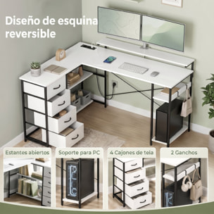 Escritorio Esquinero con 4 Cajones de Tela, 155x112 cm, Escritorio en L Reversible con 2 Enchufes y 2 Puertos USB, Soporte para Monitor, 2 Ganchos, para Oficina en Casa, Estudio, Blanco