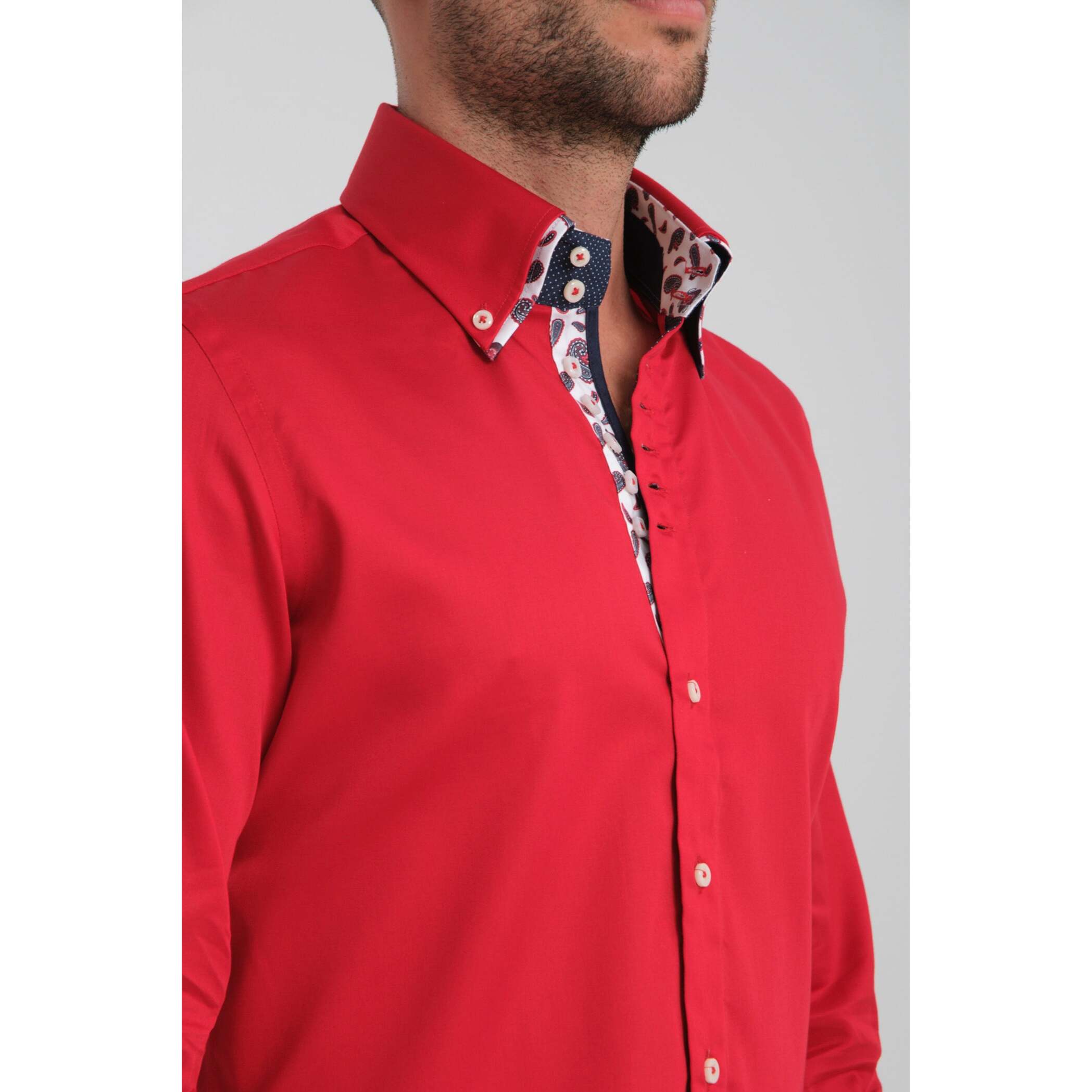 Camicia Uomo 2 Bottoni Button Down 7bottoni Doppio Coll Satin Unito Rosso