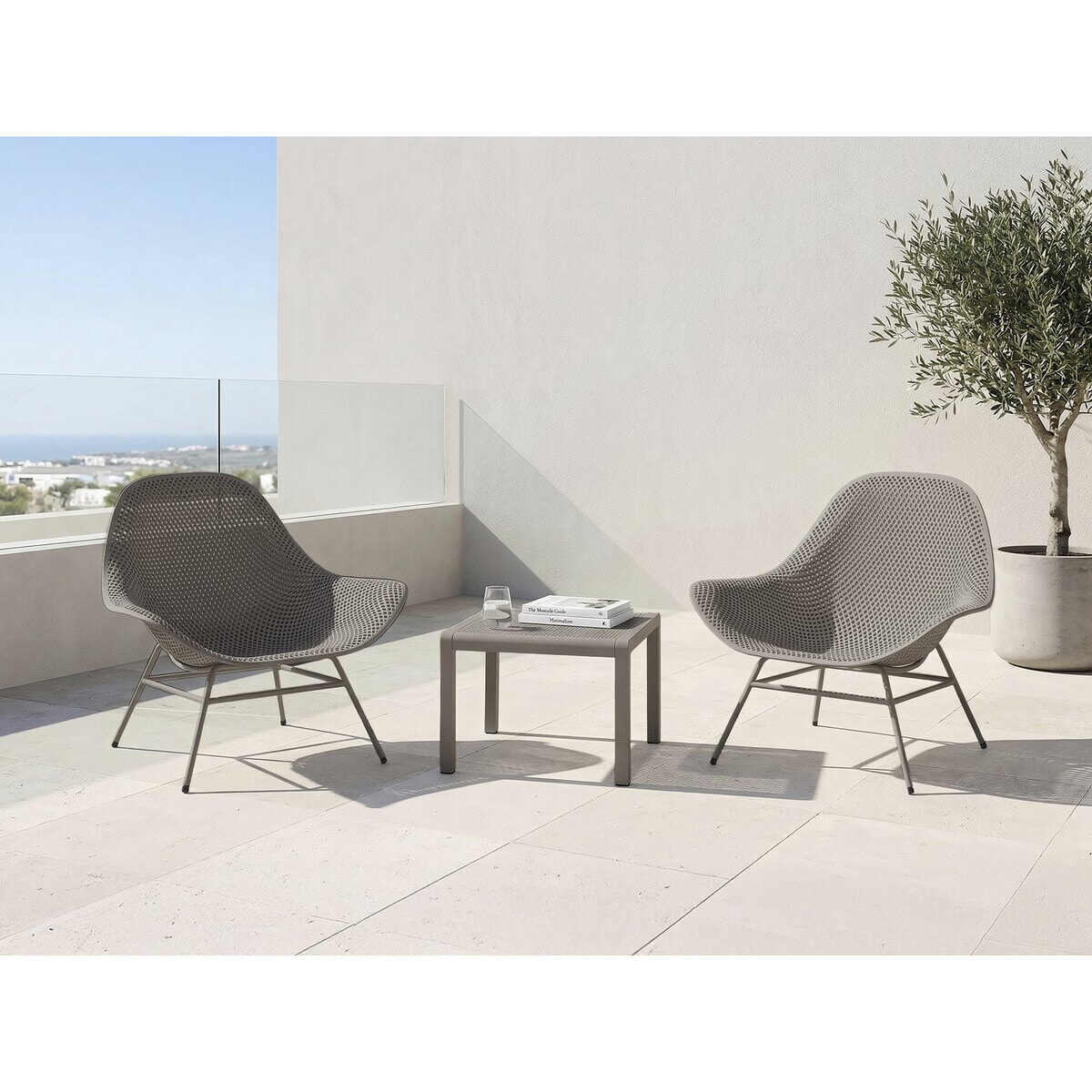 Lot de 2 fauteuils de jardin avec table basse "Soléna" - Taupe