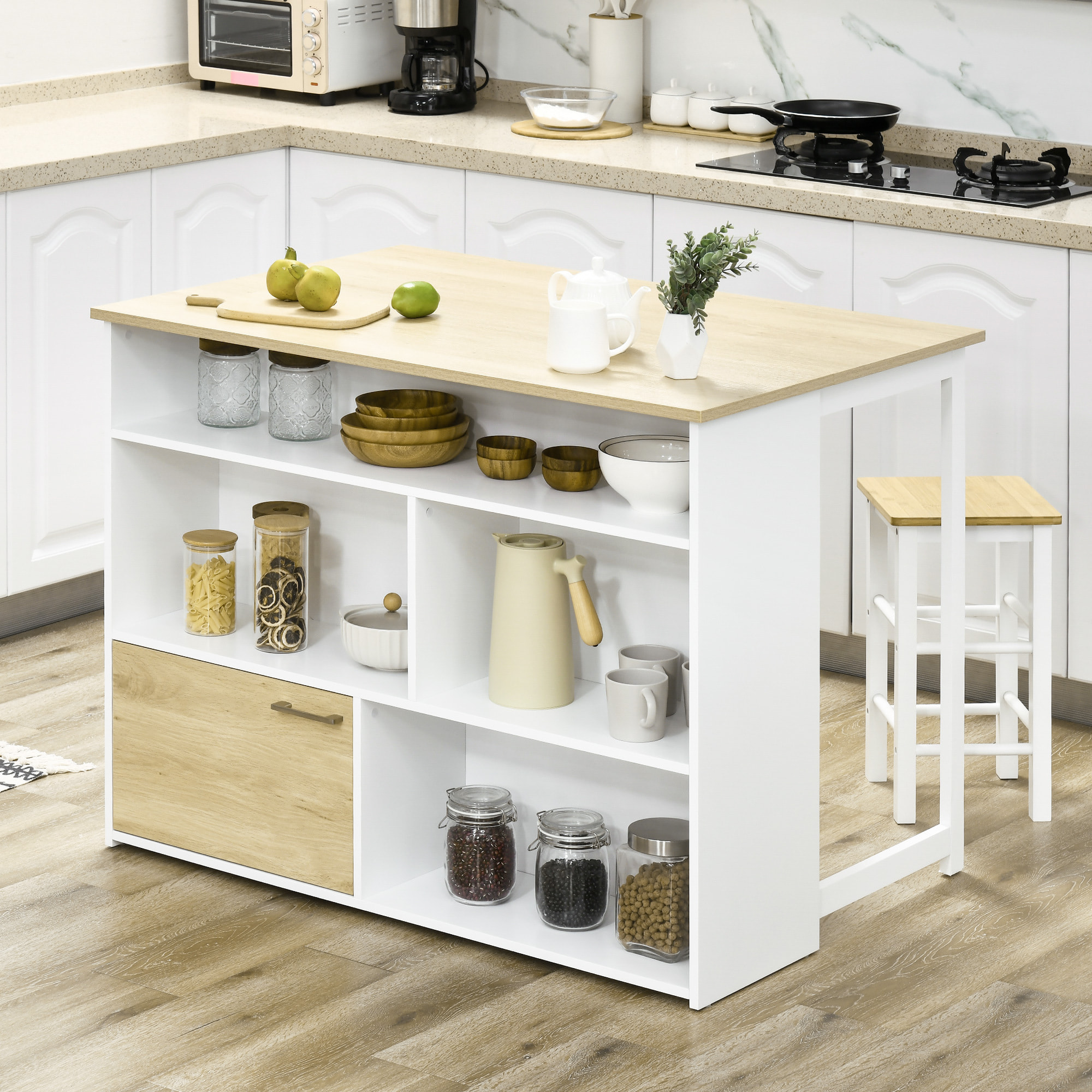 Mesa de Bar Extensible con Ala Plegable Mesa de Bistró con Compartimientos de Almacenamiento y 1 Puerta para Cocina Comedor 116x79,5x91 cm Blanco