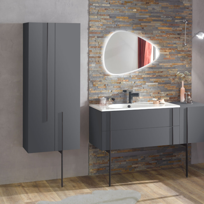 Meuble vasque Nouvelle Vague gris brillant + colonne 2 portes + pied