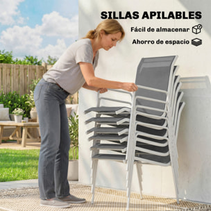 Conjunto de Mesa y Sillas Jardín de 7 Piezas, Muebles Jardín Exterior con Mesa de Vidrio Templado, 6 Sillas Apilables Transpirables, Marco de Metal Resistente a la Intemperie, Blanco y Gris