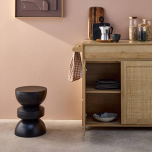 Desserte de cuisine BOHEME décor bois et cannage 1 poignée 1 tiroir 2 portes 4 roues. Naturel