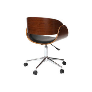 Chaise de bureau à roulettes design noir, bois foncé noyer et acier chromé  BENT