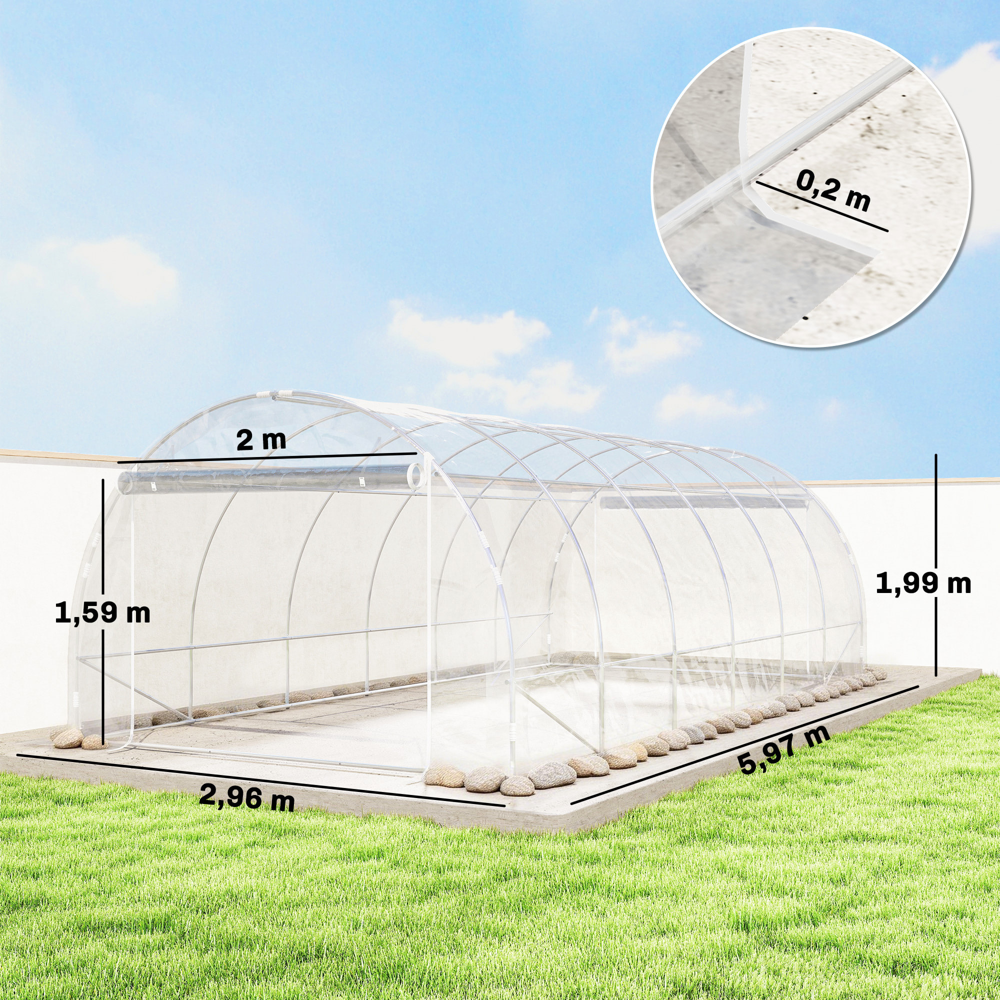 Invernadero de Exterior 6x3x2 m, Invernadero de Túnel con 2 Puertas Enrollables, Marco de Acero Galvanizado y Cubierta de PE 150g/m², Anti-UV, Impermeable, para Cultivos, Transparente