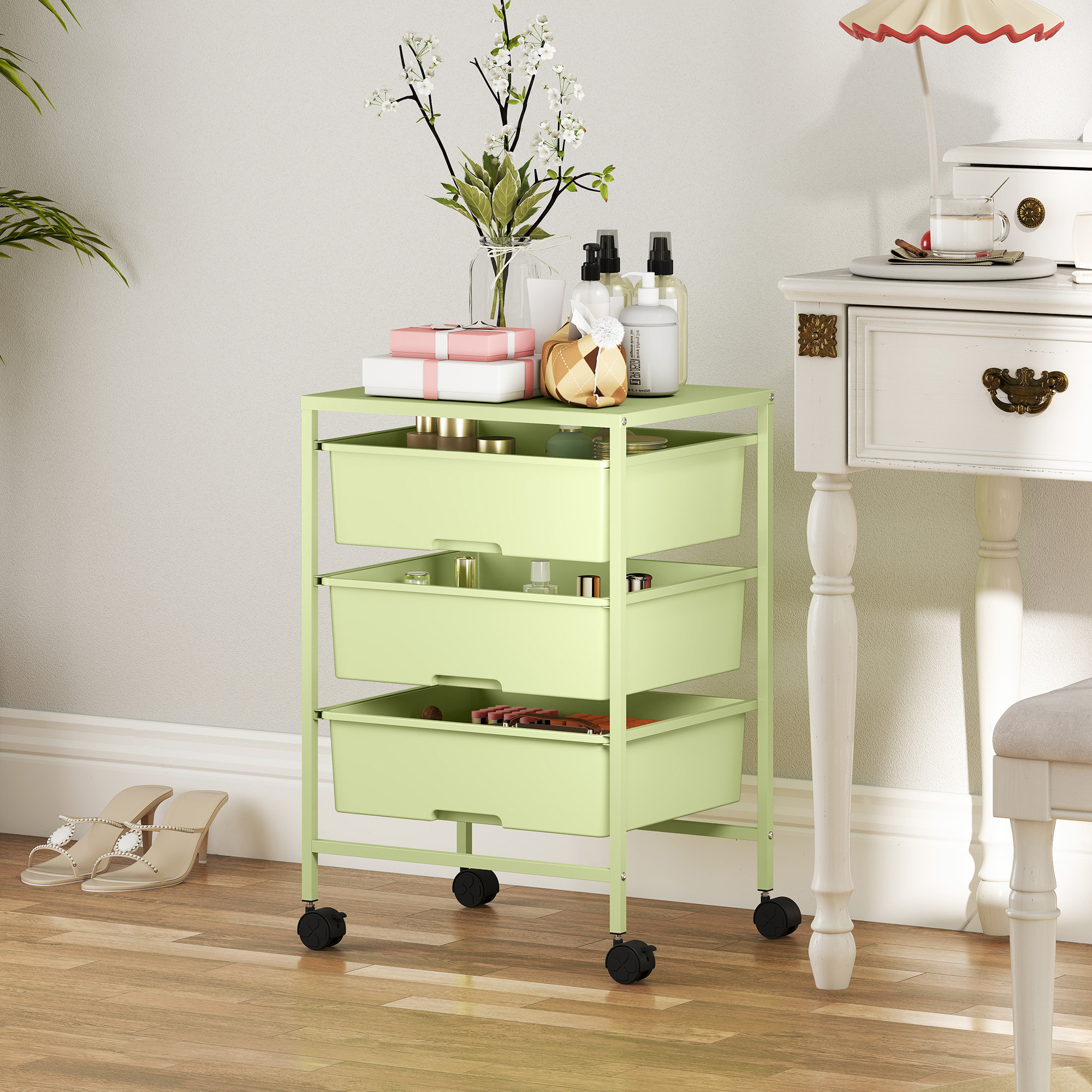 Carrito de Almacenamiento de 4 Niveles, Carrito de Cocina con Ruedas, 3 Cestas, Tablero y Marco de Acero, para Salón, Baño, Oficina, 40,8x33,5x60,5 cm, Verde