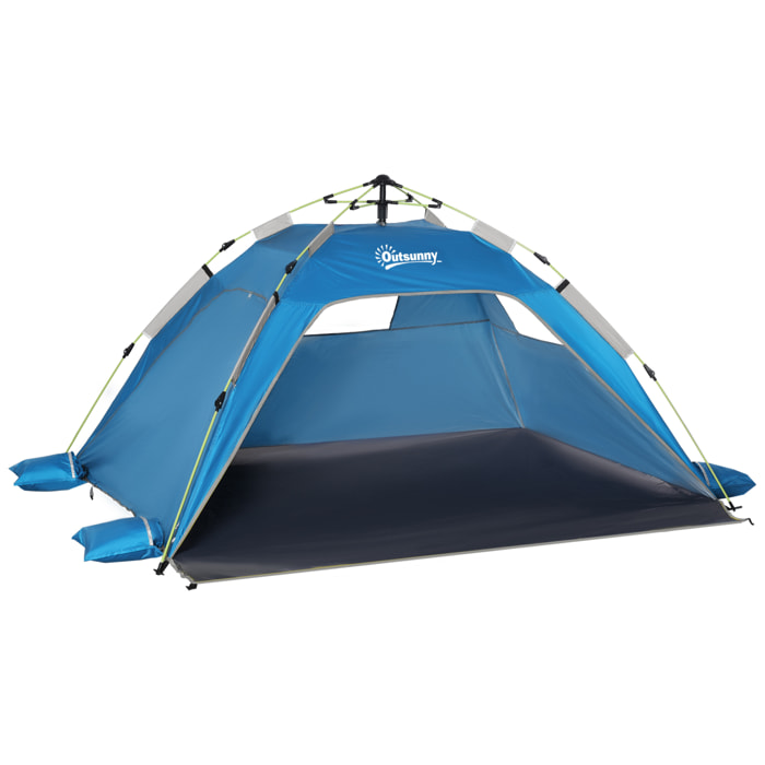 Abri de camping tente de plage instantanée portable 2 fenêtres porte zippée lestage polyester bleu