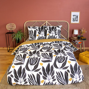 Parure de lit. 100% coton motif feuillage - blanc et jaune moutarde
