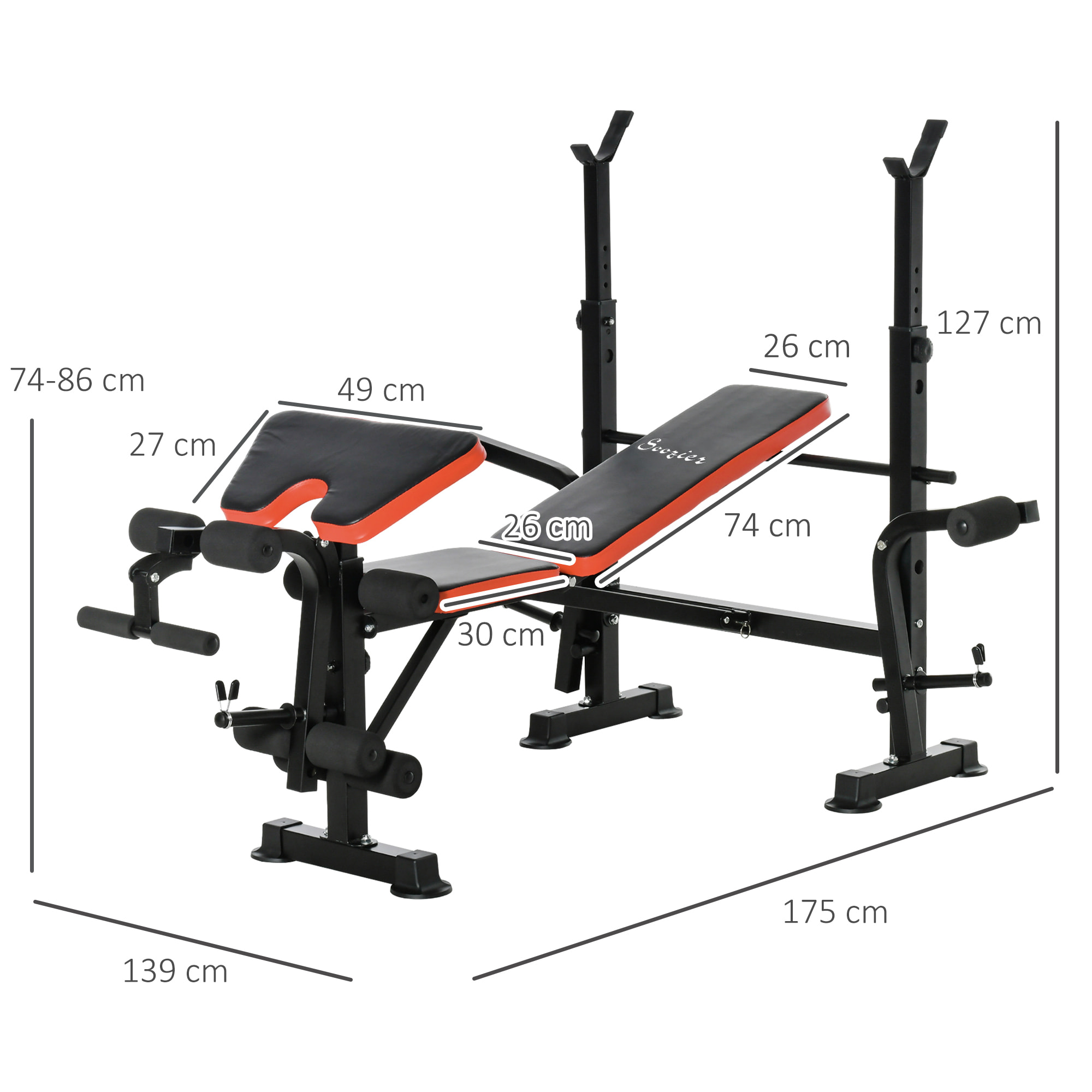 Banc de musculation Fitness entrainement complet avec support d'haltères dossier réglable acier noir rouge