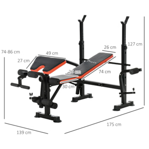 Banc de musculation Fitness entrainement complet avec support d'haltères dossier réglable acier noir rouge