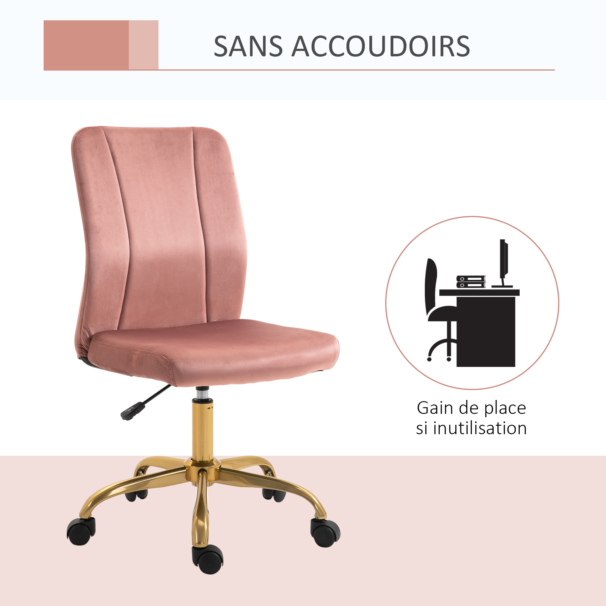 Vinsetto Chaise de bureau style Art déco hauteur réglable pivotante 360° piètement métal doré velours rose poudré