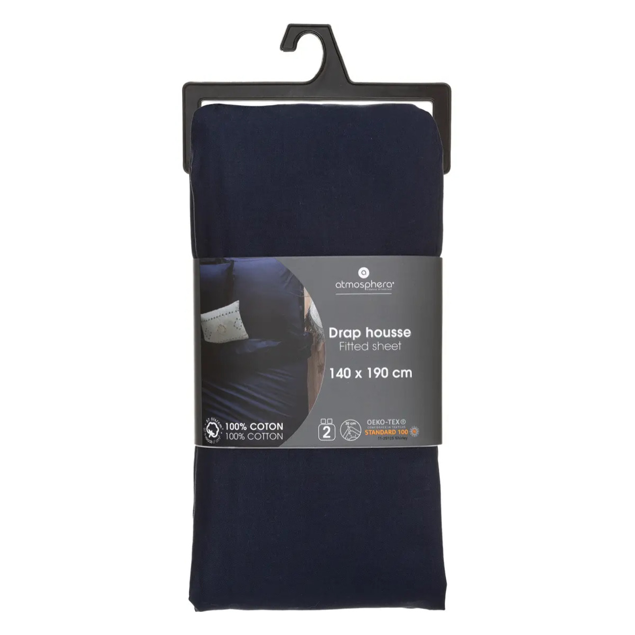 Drap-housse en coton - bleu encre - bonnet H30cm - 140x190 cm