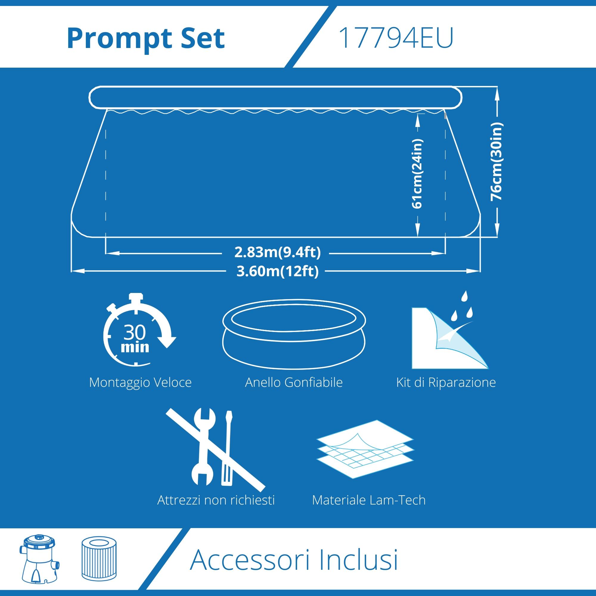 Piscina Fuoriterra Rotonda Gonfiabile Prompt Set Avenli Cm 360x76 Autoportante con Pompa Filtro da 1136L/h