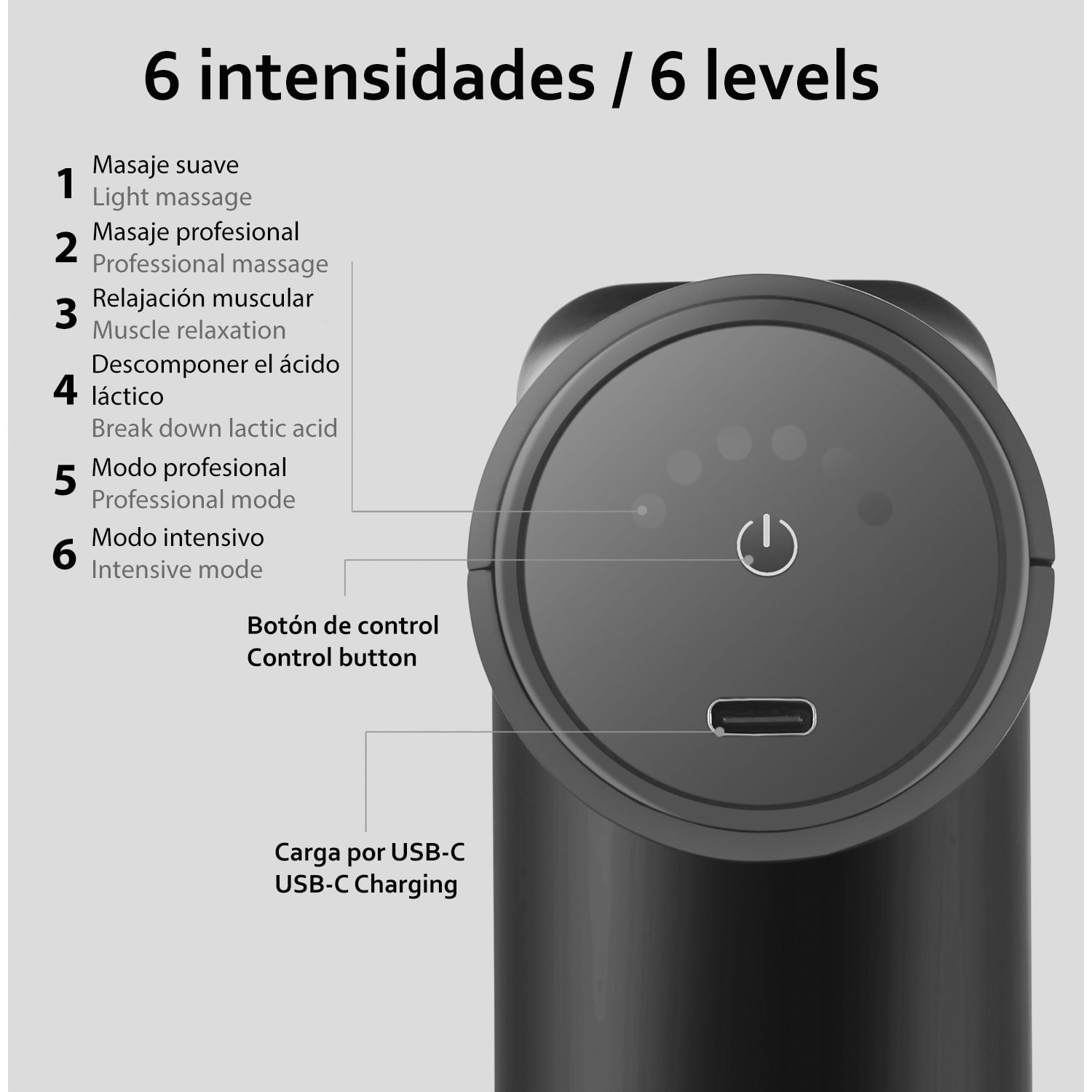 Pistola per massaggi muscolari Mini Fascia Gun J-28. 6 intensità, 4 teste. Batteria a lunga durata.