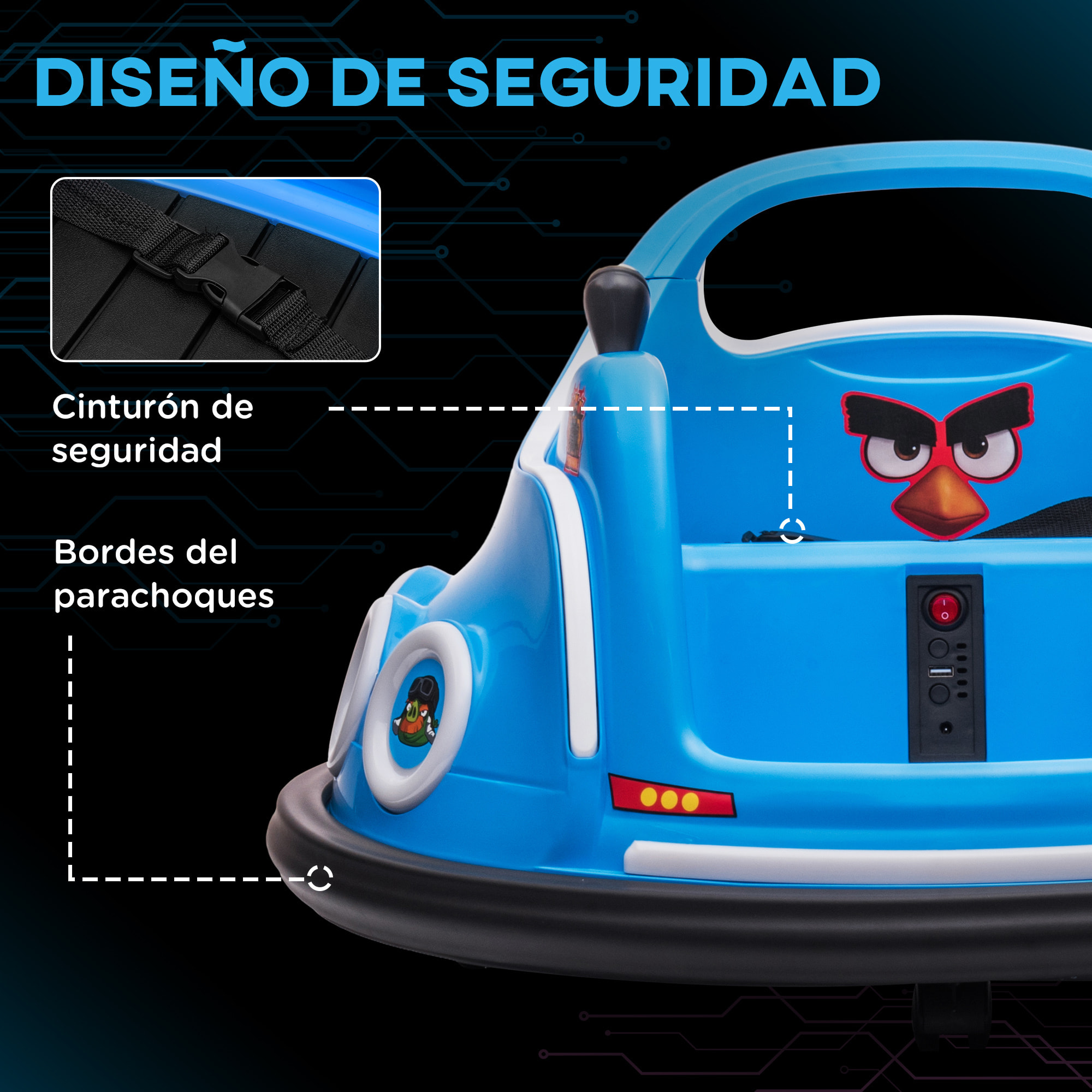 Coche de Parachoques Eléctrico para Niños Coche de Choque con Licencia de Angry Birds Batería 12 V Mando a Distancia Joystick Rotación de 360° Coche Eléctrico con Luces LED Música Azul