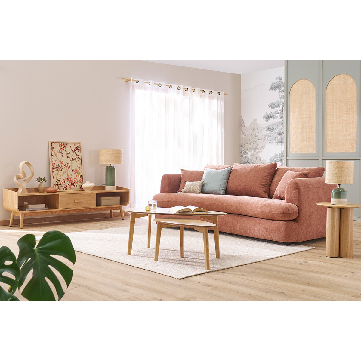 Canapé déhoussable 3-4 places design haricot en tissu effet velours terre brûlée SACHA