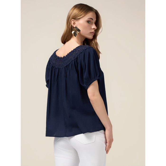 Oltre - Blusa de muselina con encaje - Azul