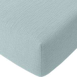 Drap housse - bonnet:30cm 100% gaze de coton lavé bleu givrée