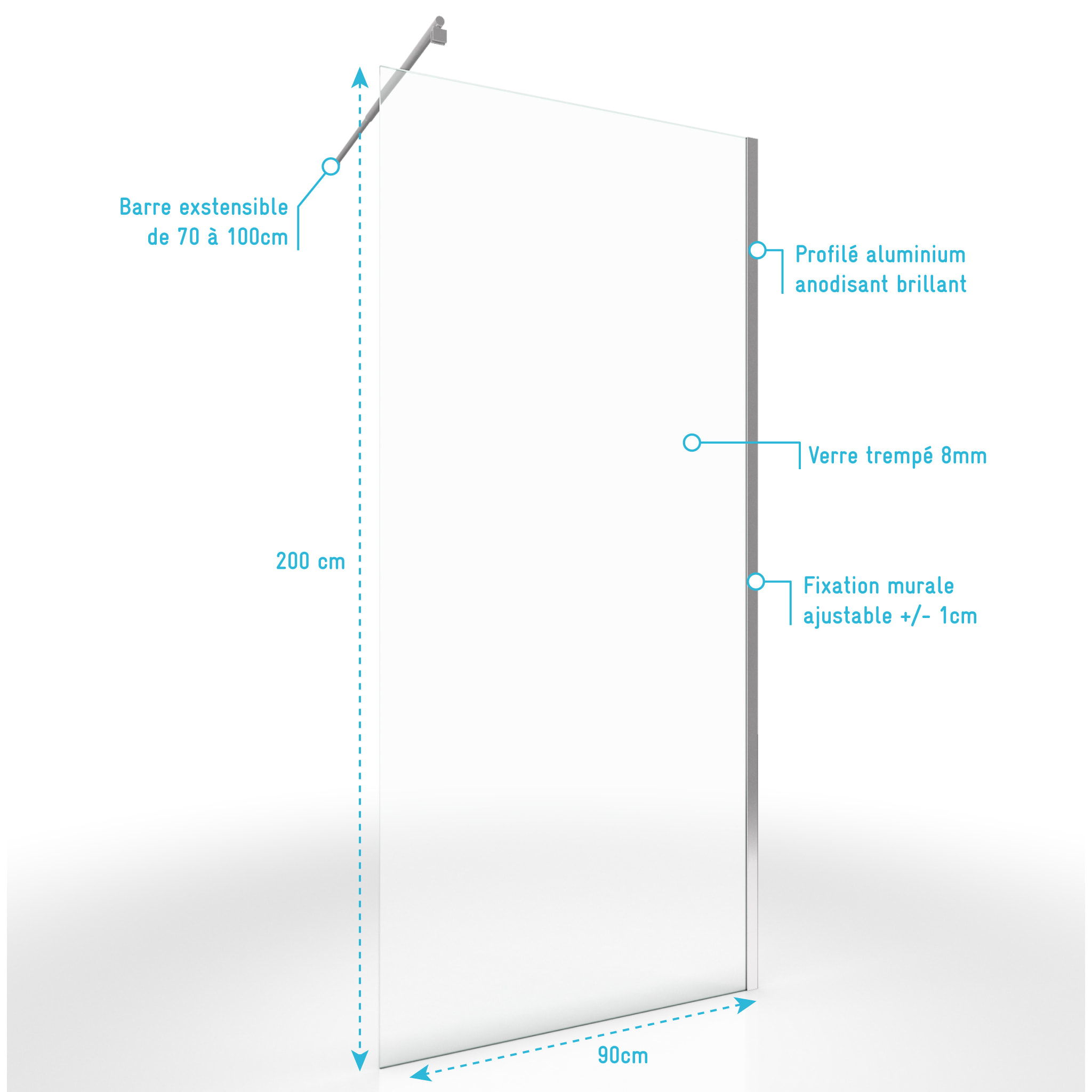 Paroi de Douche 80x200cm Verre Transparent - Barre de Fixation Extensible et Profil Chrome