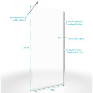 Paroi de Douche 80x200cm Verre Transparent - Barre de Fixation Extensible et Profil Chrome