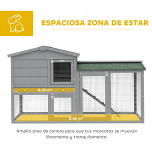 Conejera de Madera de 2 Niveles, Jaula para Conejos Grande con Techo Asfáltico, Bandeja Extraíble y Escalera, Conejera para Exterior, para Cobayas y Hámsteres, 150x45x85 cm, Gris