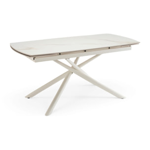 Tavolo allungabile BONIFACIO in ceramica, finitura calacatta oro lucida e gambe in metallo verniciato bianco - 160-220×80x76 cm