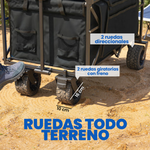 Carro Playa con Ruedas Grandes con Freno, Techo Extraíble, Carro Plegable para Jardín con Barra Ajustable, Portavasos y Bolsillos, Carga 100 kg, para Todo Terreno, Campaña, Compras, Negro