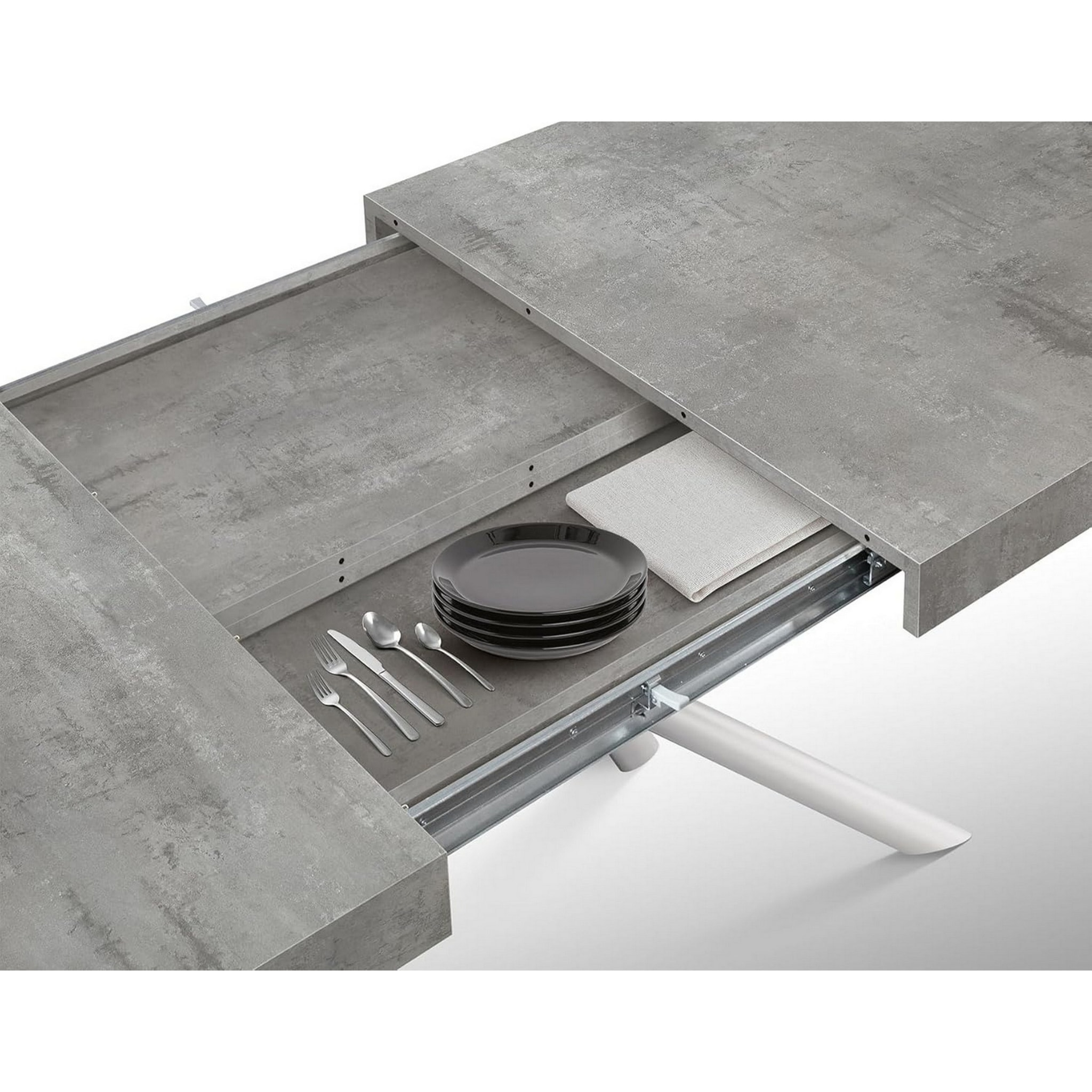 Tavolo CARRARA in legno, finitura grigio cemento e base in metallo verniciato bianco, allungabile 140x90 cm - 220x90 cm