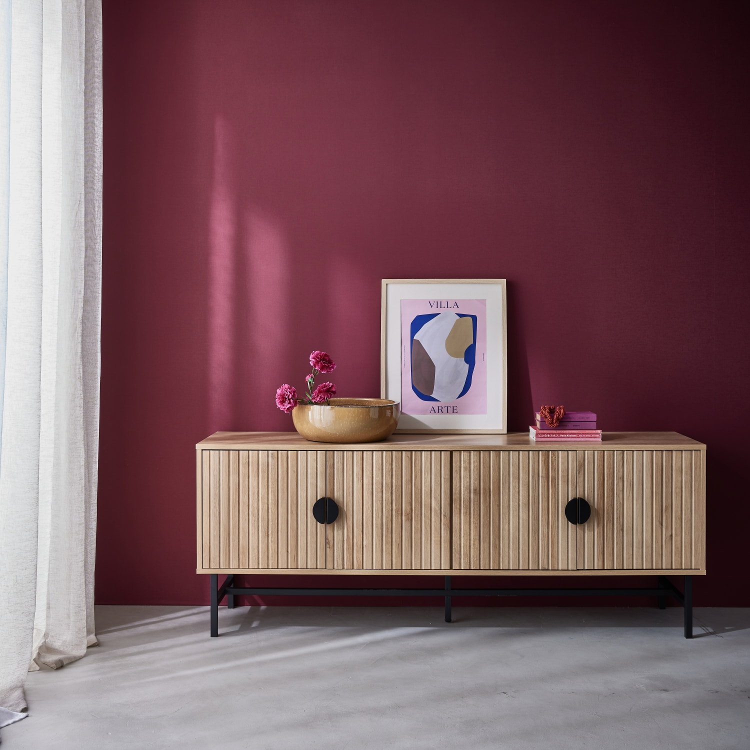 Meuble TV. Bazalt. effet chêne. quatre portes. deux étagères. L 157.5 x l 39 x H 60cm