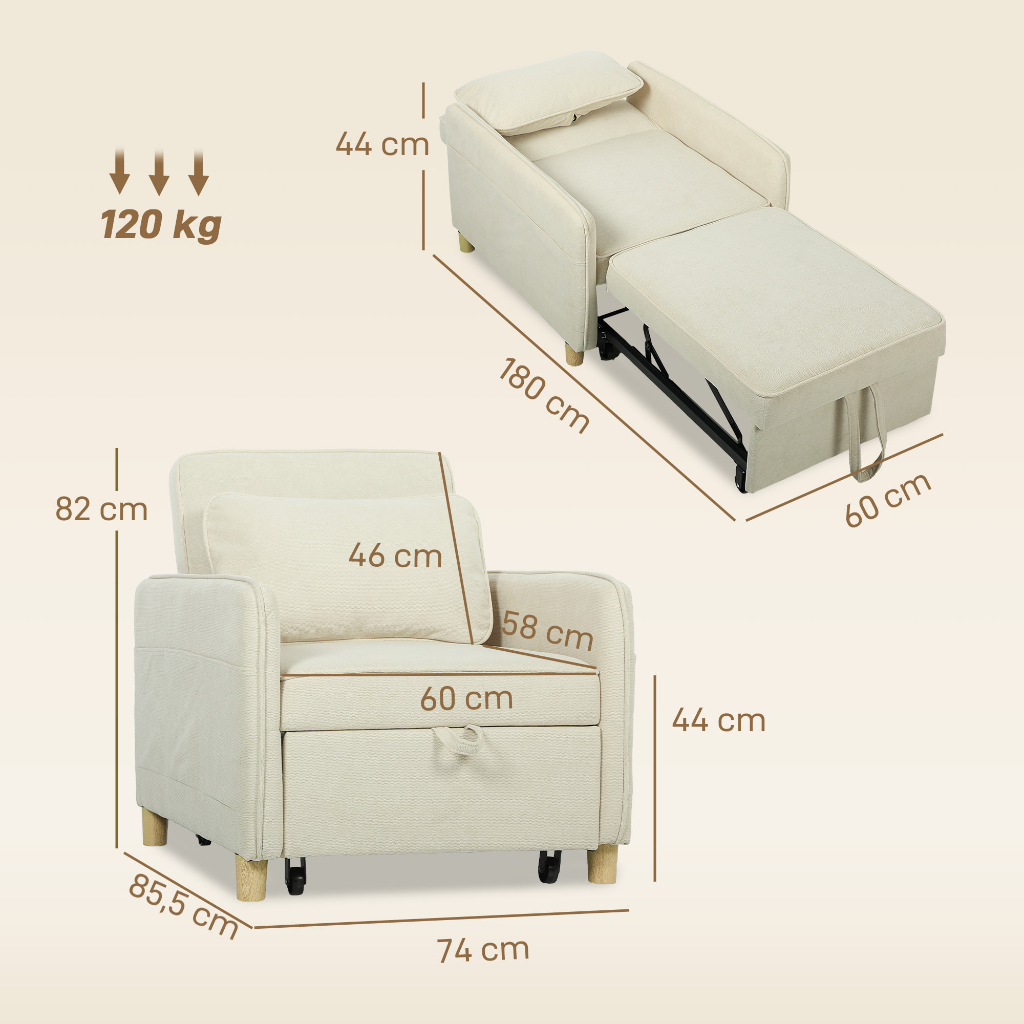 Fauteuil chauffeuse convertible inclinable repose-pieds rétractable intégré tissu beige clair