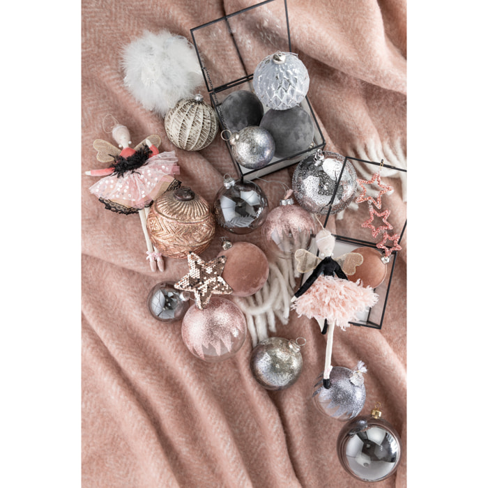 J-Line boule De Noël - velours/verre - gris - small - boîte de 6
