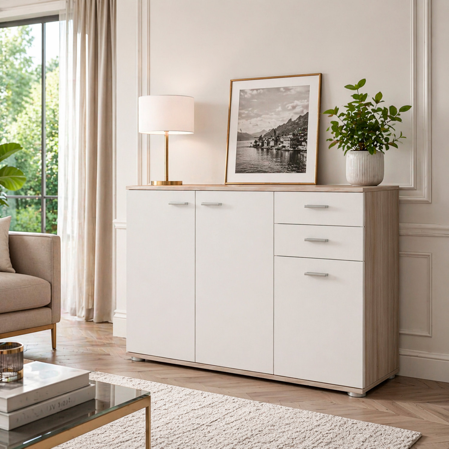 Credenza Mobile Soggiorno Madia Moderna Cucina Sala Pranzo Ingresso Minimal Contenitore Ante Cassetti Arredo Salvaspazio 103x 70x 35 Cm Rovere Chiaro