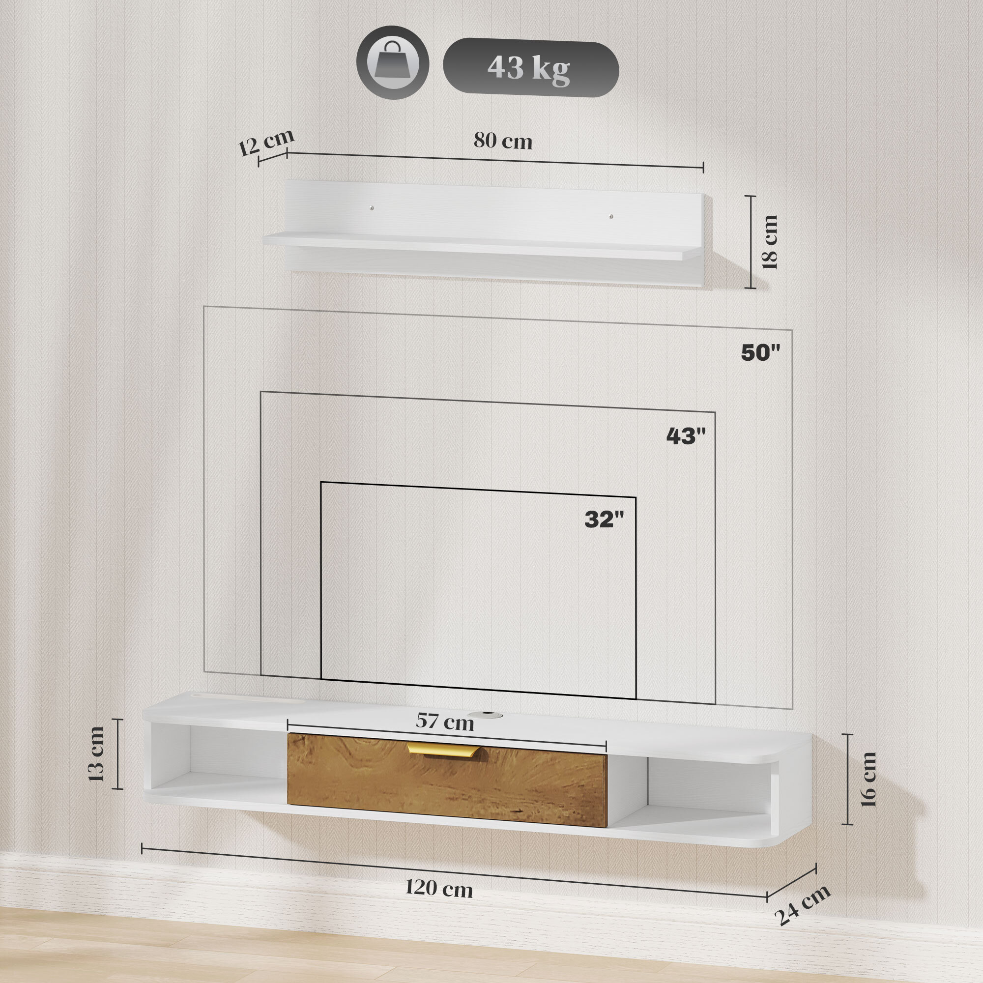 Mueble de Salón Mueble de Comedor con Estante de Pared Mueble de TV Armario Compartimentos Orificios para Cables para Televisión de Pared 120x24x16 cm Blanco