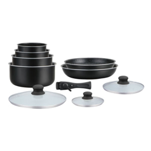 Batterie de cuisine revêtement pierre avec manche amovible 10 pieces noir Hagen HA04630-BLK