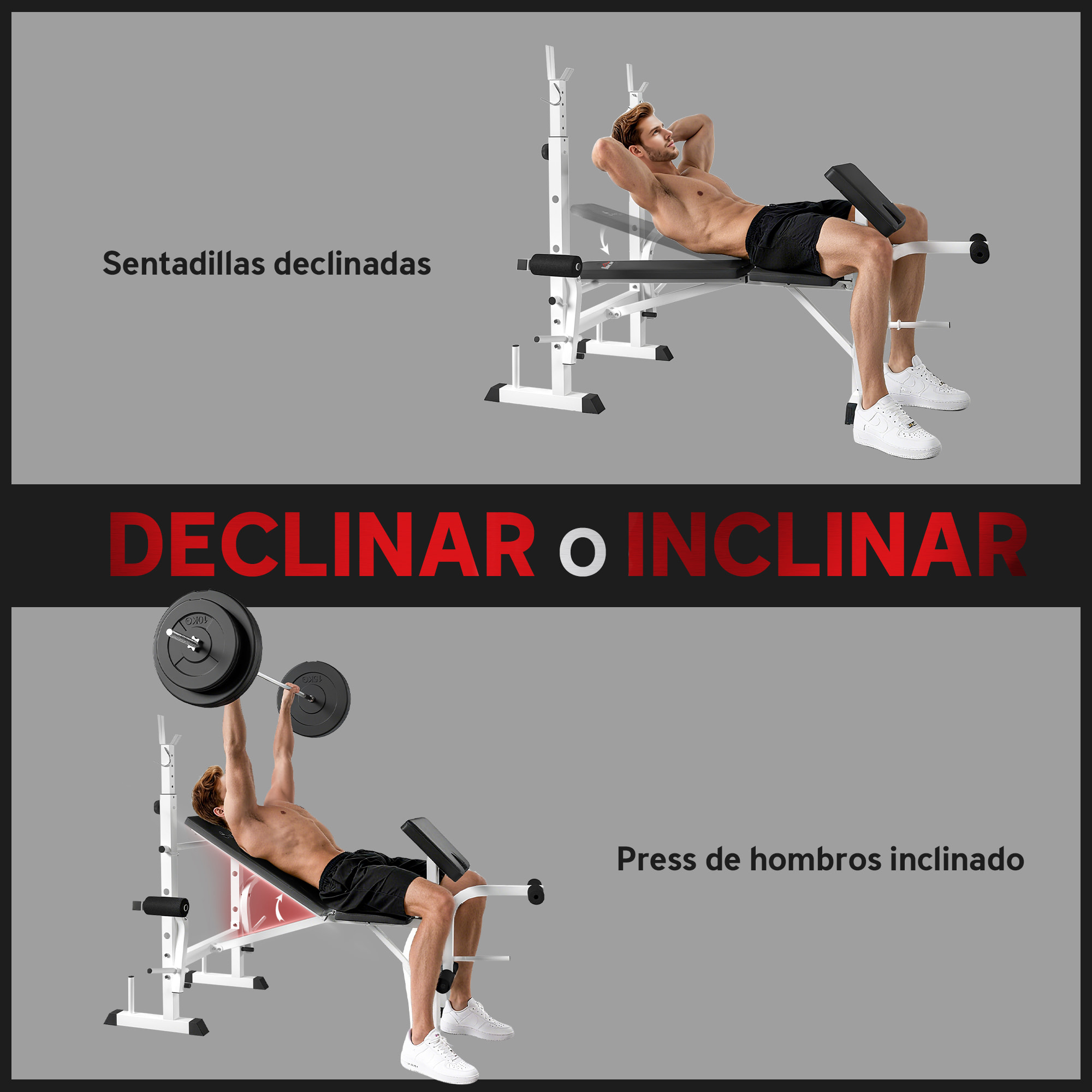 Banco de Musculación Multifuncional Inclinable, Banco de Pesas, Press Banca con Soporte para Barra Ajustable, Extensión de Piernas, Curl de Predicador, Mariposa, Entrenamiento en Casa, Gimnasio