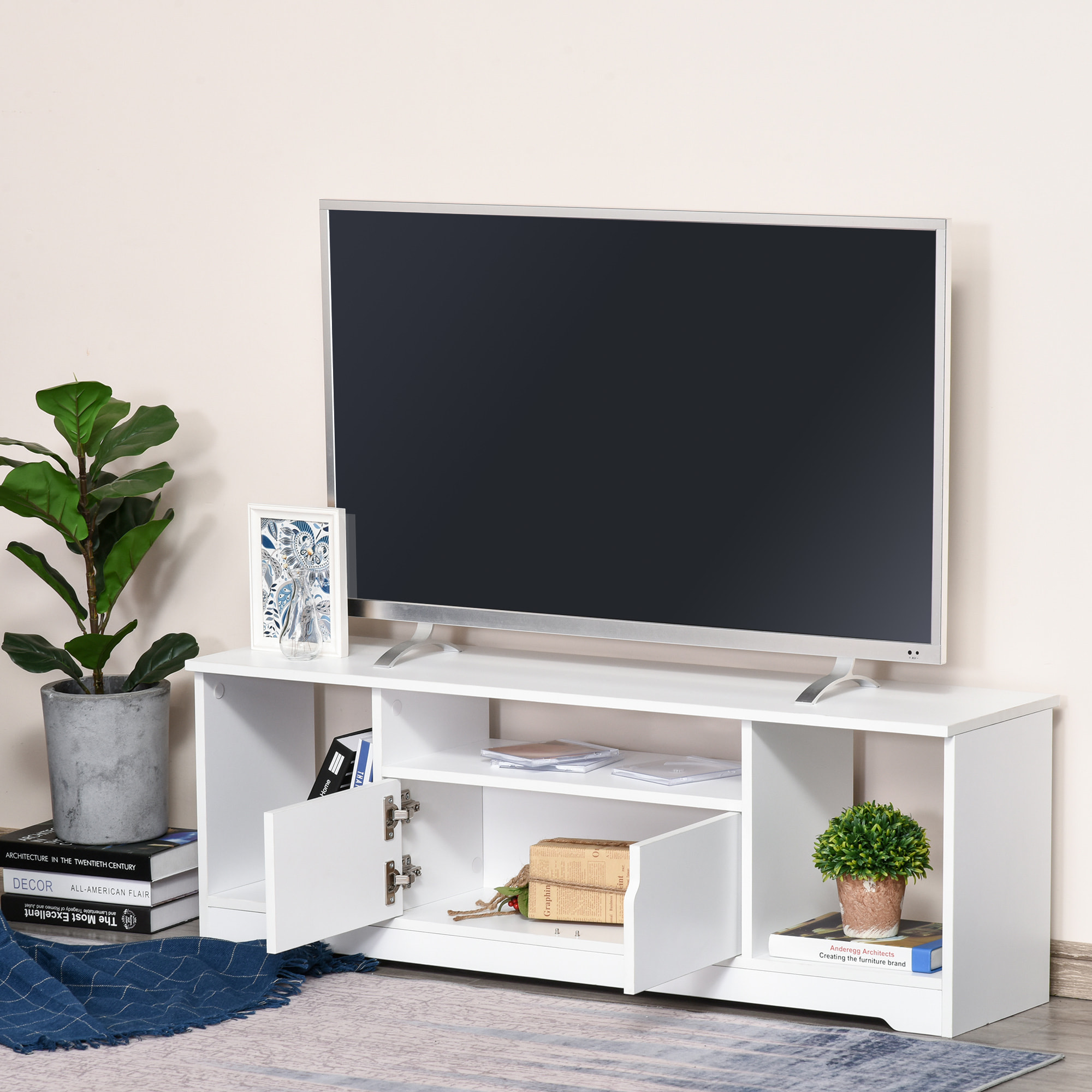 Meuble TV banc TV design contemporain - 3 niches, placard double porte - dim. 120L x 30l x 41H cm - panneaux particules blanc