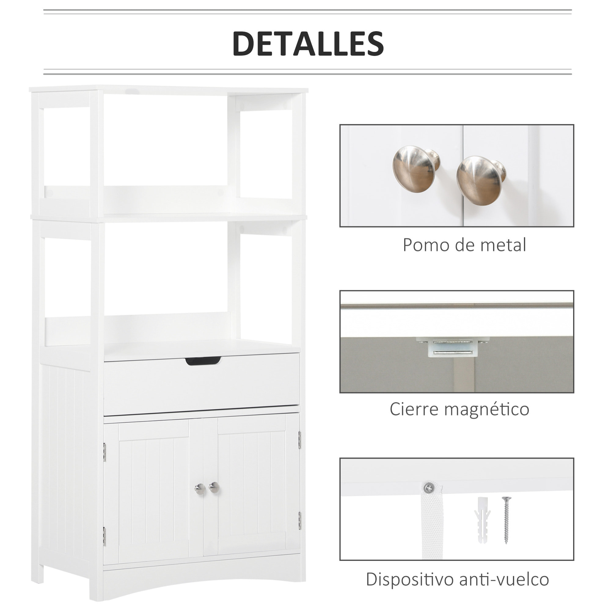 kleankin Armario de Baño con 3 Estantes Cajón y 2 Puertas Mueble de Almacenamiento de Suelo Moderno para Cocina Dormitorio Salón 60x33x122,5 cm Blanco