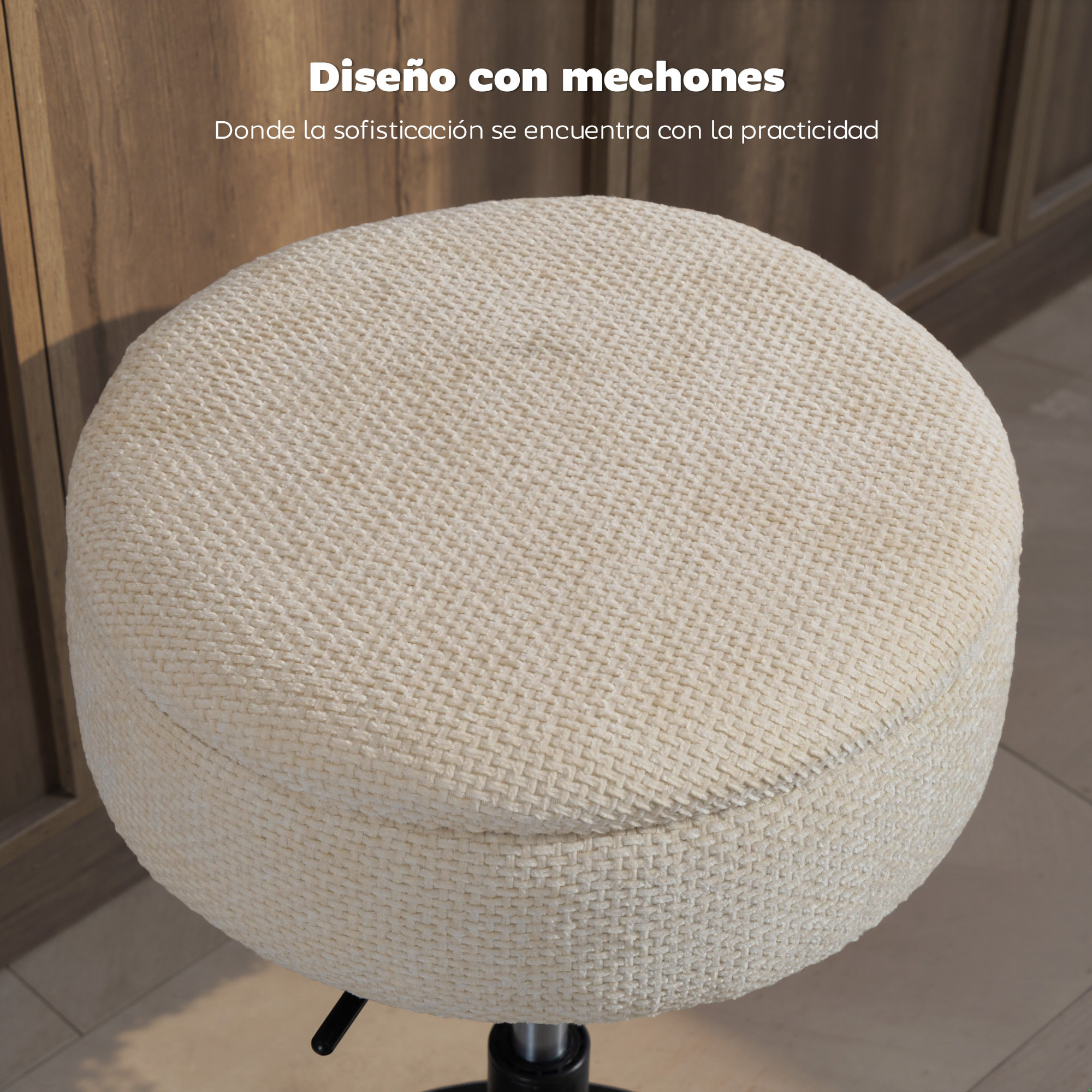 Taburete de Bar con Almacenaje, Altura Ajustable, Taburete de Cocina Redondo, Giratorio, Tapizado en Chenilla, Base de Acero, Diseño Botones, Acolchado, para Salón, Comedor, Oficina, Beige