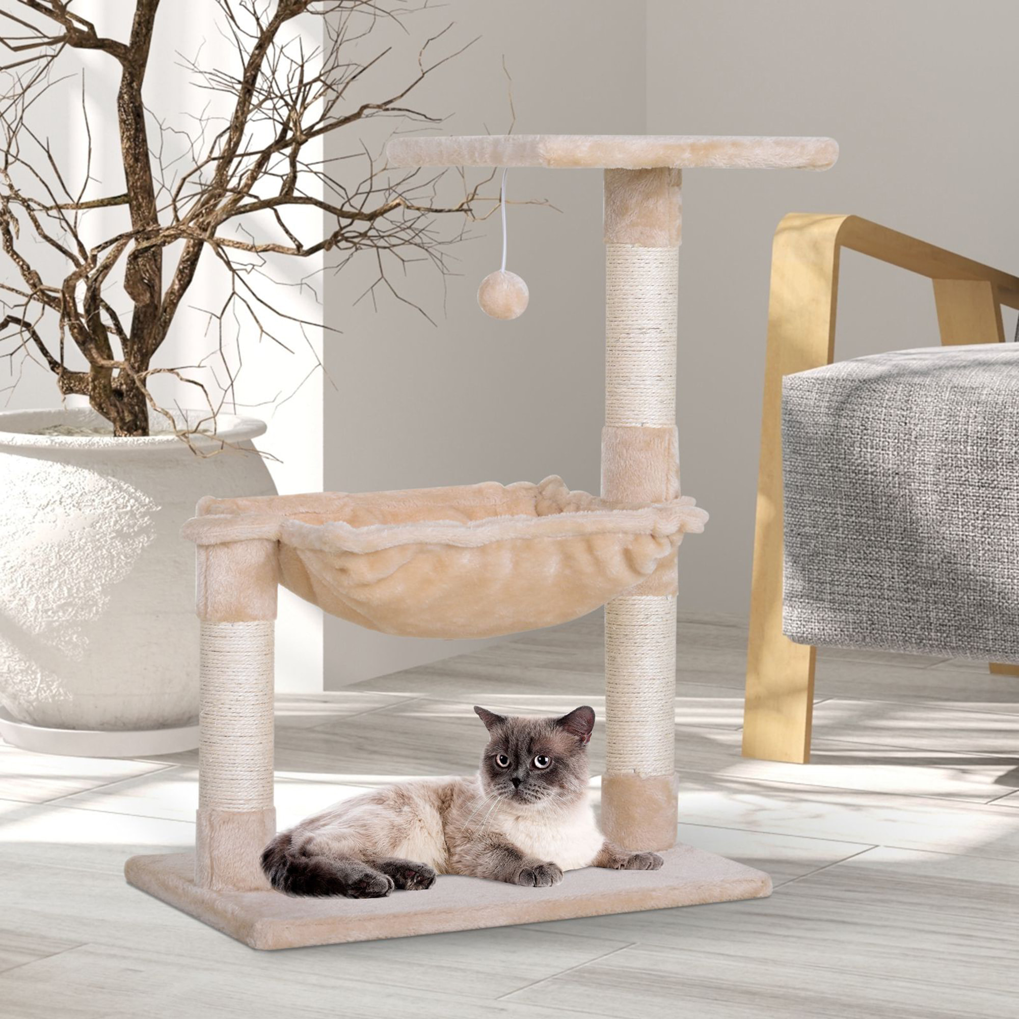 Arbre à chat 3 griffoirs grattoirs sisal naturel plateforme hamac et boule suspendue dim. 50L x 36l x 70H cm peluche haute densité 220 g/m² beige